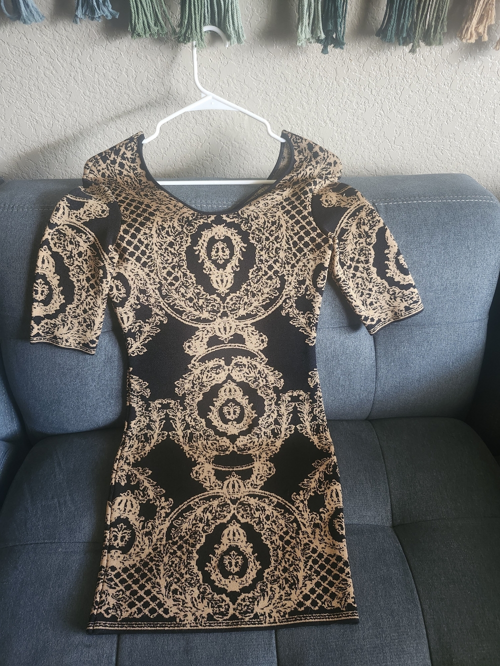 Torn by Ronny Kobo Black and Tan Baroque Bodycon Mini Dress